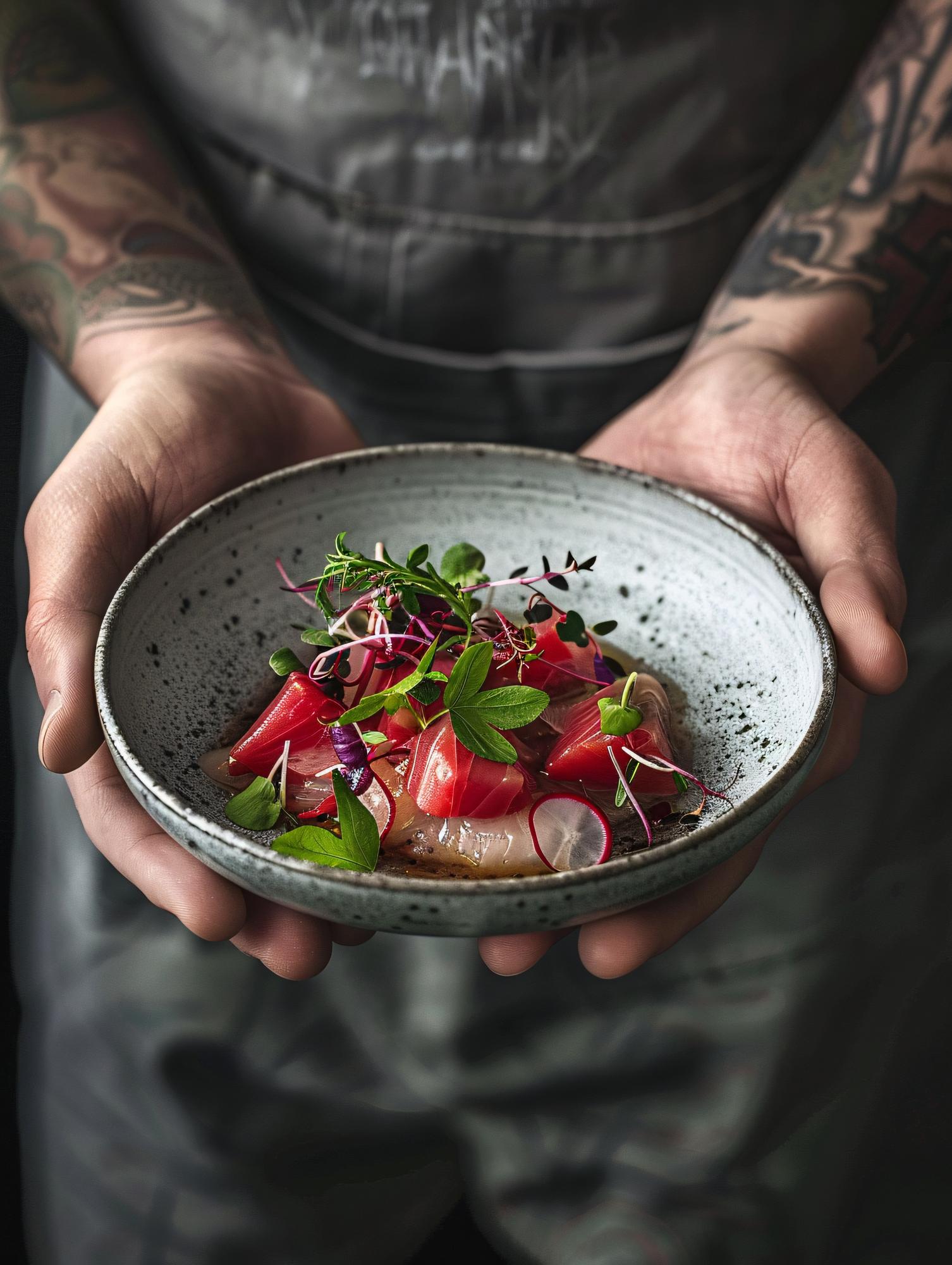 Chef arranging a rustic plate with local ingredients